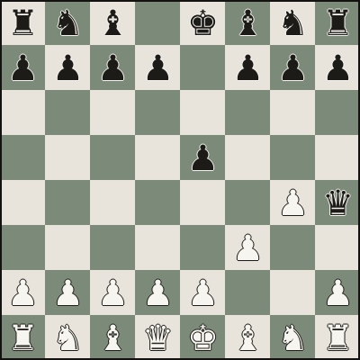 Fool's mate, the fastest checkmate in chess: after 1.f3 e5 2.g4 Qh4#, the black queen mates along the opened e1-h4 diagonal in only two moves